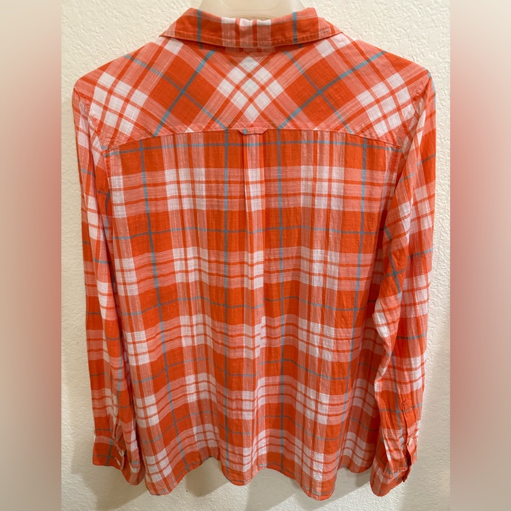 J. Crew Women Gauzy Popover Button Down in Orange Plaid Shirt Size 12 - Picture 2 of 13